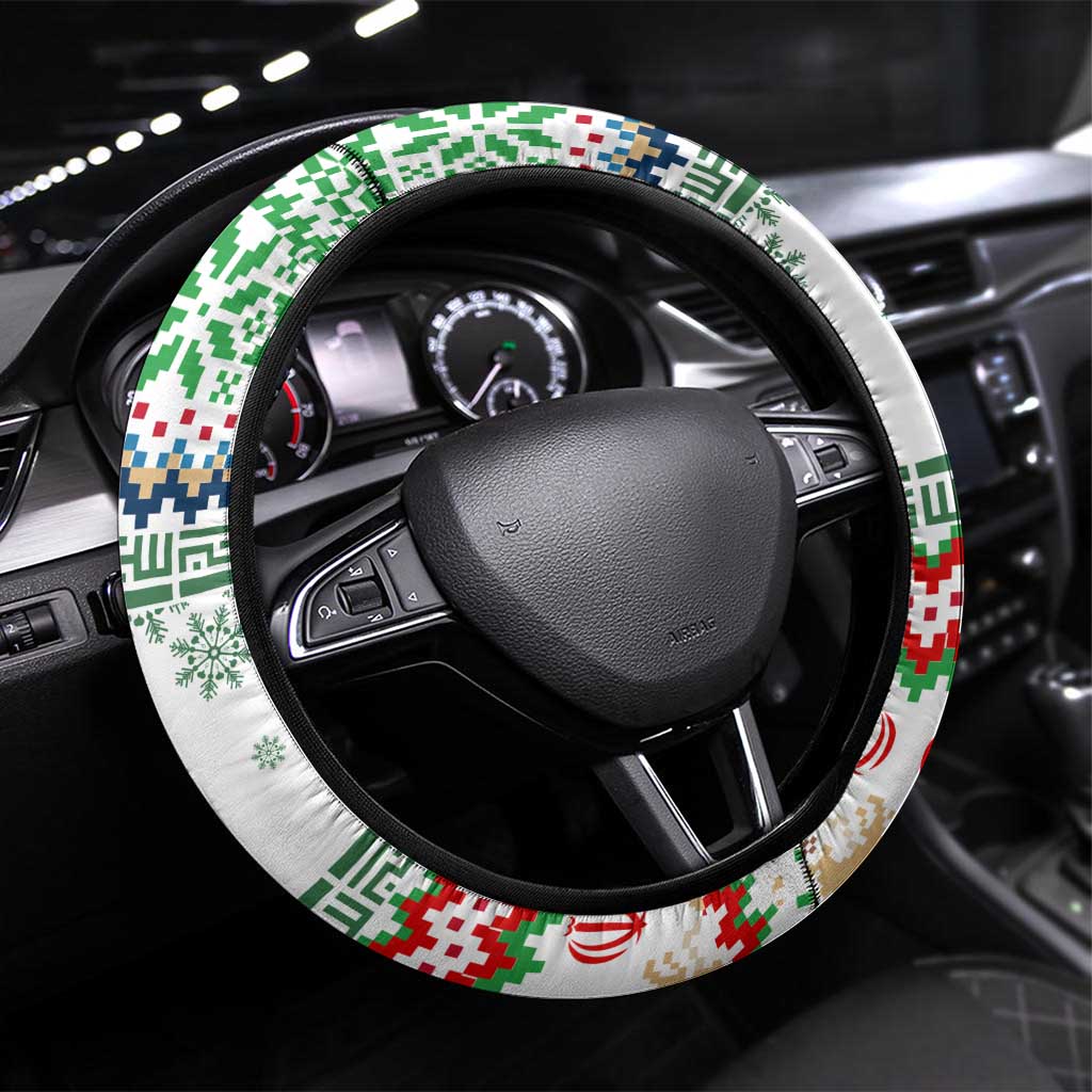 Iran Christmas Steering Wheel Cover with Santa Sleigh Reindeer Map and Green Red Snowflake Pattern - Wonder Print Shop