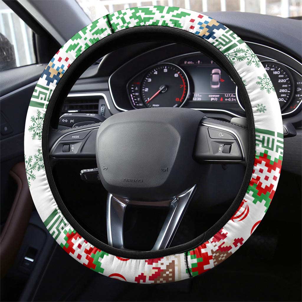 Iran Christmas Steering Wheel Cover with Santa Sleigh Reindeer Map and Green Red Snowflake Pattern - Wonder Print Shop