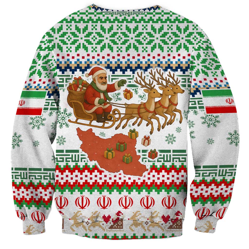 Iran Christmas Sweatshirt with Santa Sleigh Reindeer Map and Green Red Snowflake Pattern - Wonder Print Shop