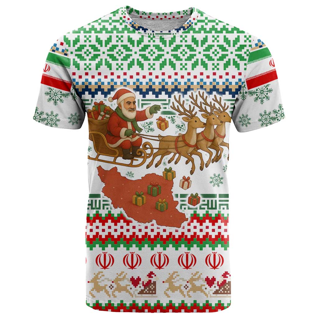 Iran Christmas T Shirt with Santa Sleigh Reindeer Map and Green Red Snowflake Pattern - Wonder Print Shop