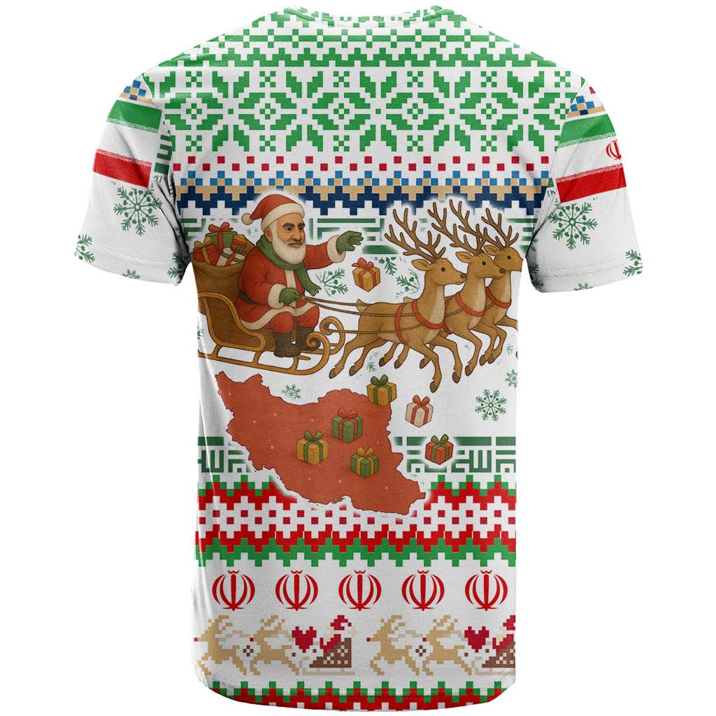 Iran Christmas T Shirt with Santa Sleigh Reindeer Map and Green Red Snowflake Pattern - Wonder Print Shop