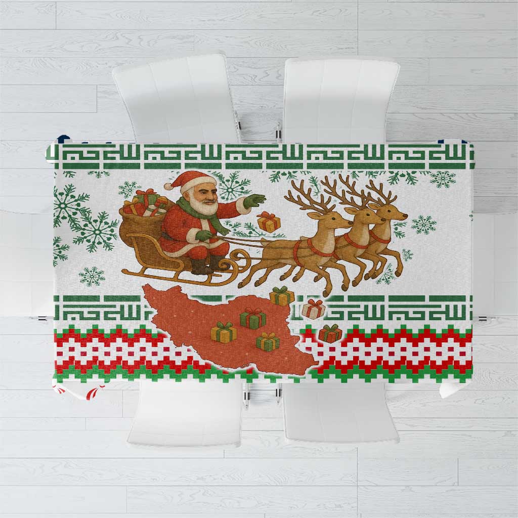 Iran Christmas Tablecloth with Santa Sleigh Reindeer Map and Green Red Snowflake Pattern - Wonder Print Shop