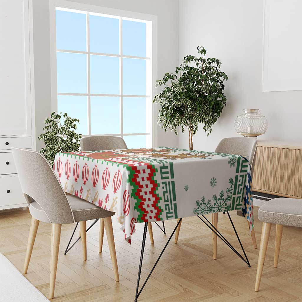 Iran Christmas Tablecloth with Santa Sleigh Reindeer Map and Green Red Snowflake Pattern - Wonder Print Shop