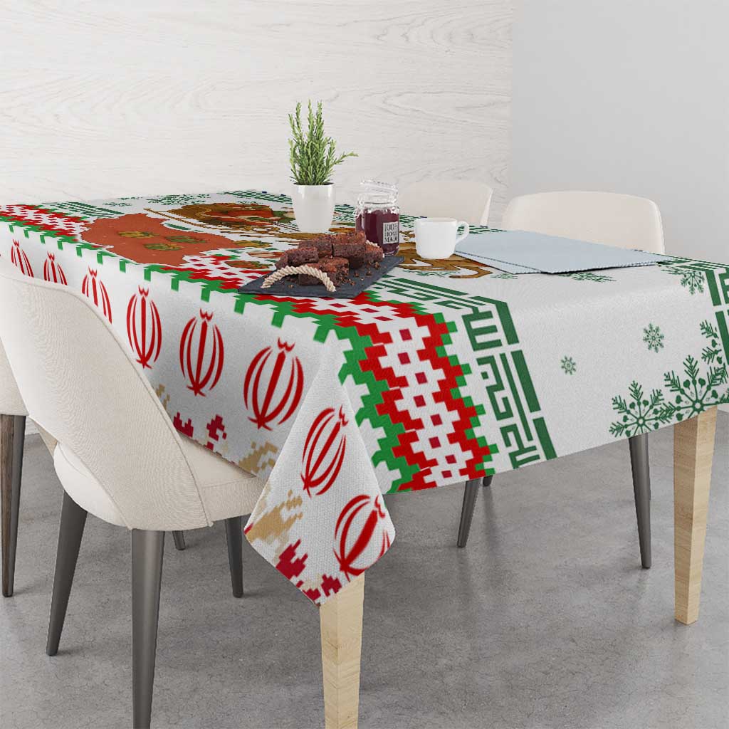 Iran Christmas Tablecloth with Santa Sleigh Reindeer Map and Green Red Snowflake Pattern - Wonder Print Shop
