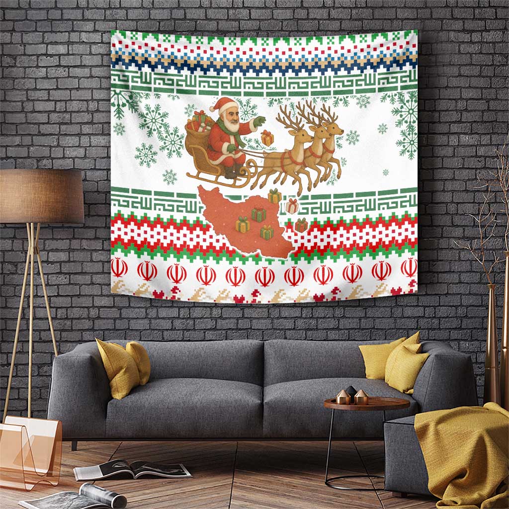 Iran Christmas Tapestry with Santa Sleigh Reindeer Map and Green Red Snowflake Pattern - Wonder Print Shop