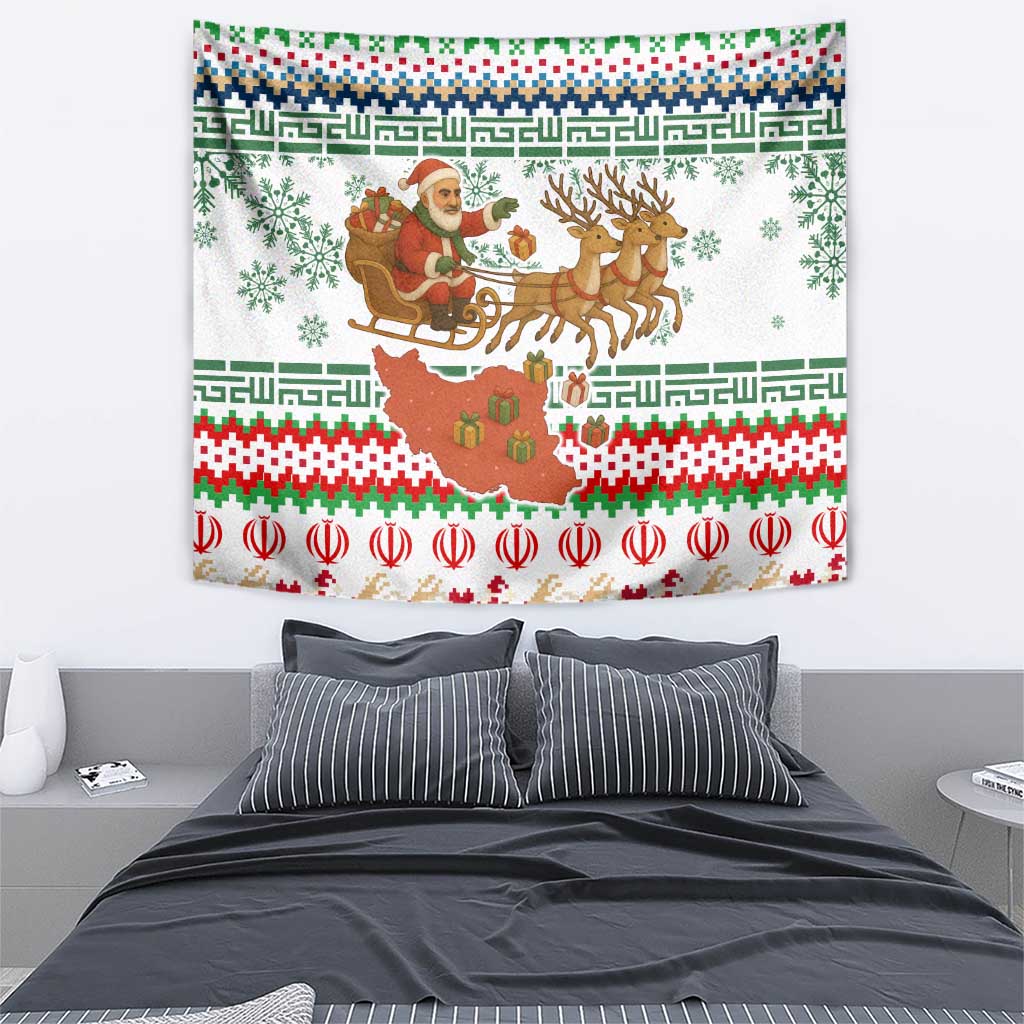 Iran Christmas Tapestry with Santa Sleigh Reindeer Map and Green Red Snowflake Pattern - Wonder Print Shop