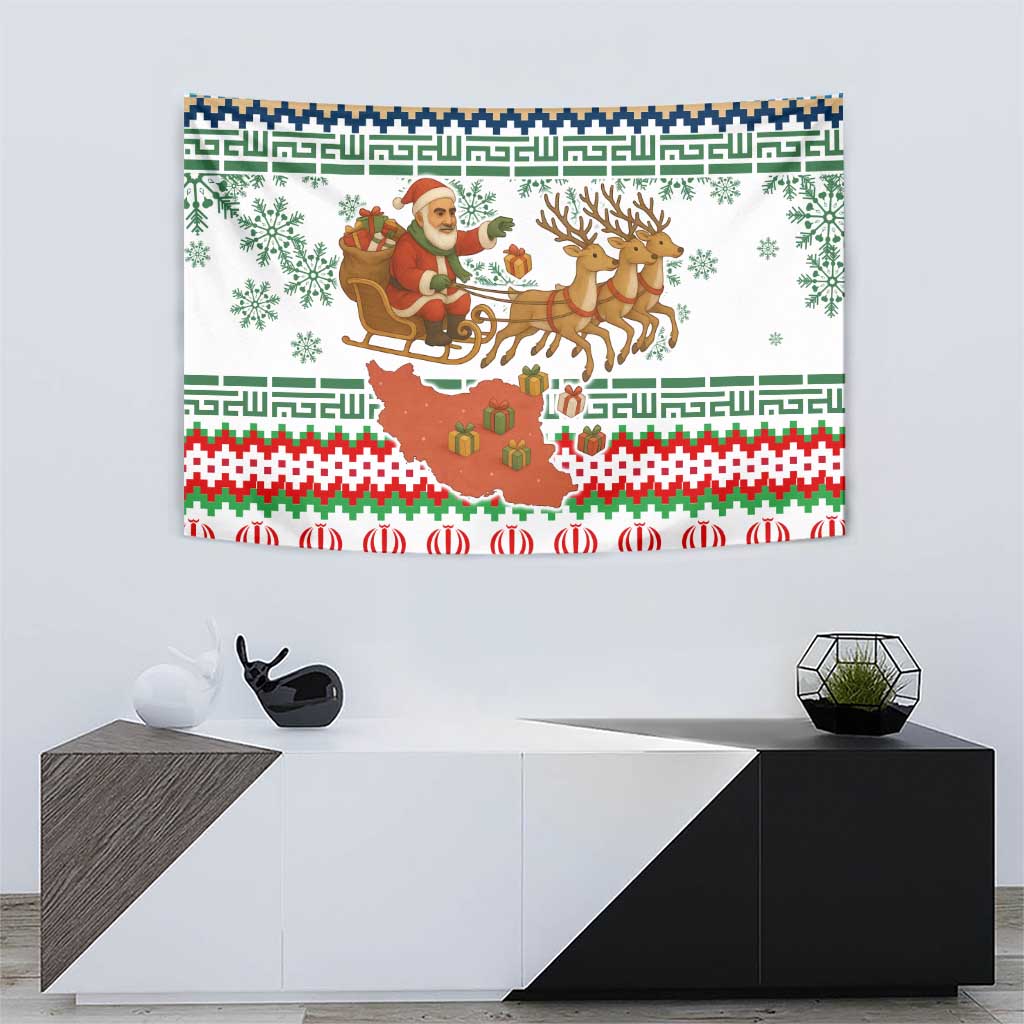 Iran Christmas Tapestry with Santa Sleigh Reindeer Map and Green Red Snowflake Pattern - Wonder Print Shop