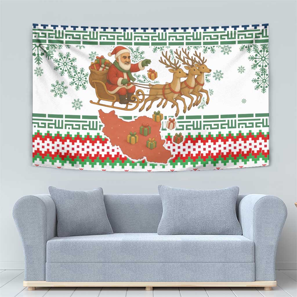 Iran Christmas Tapestry with Santa Sleigh Reindeer Map and Green Red Snowflake Pattern - Wonder Print Shop