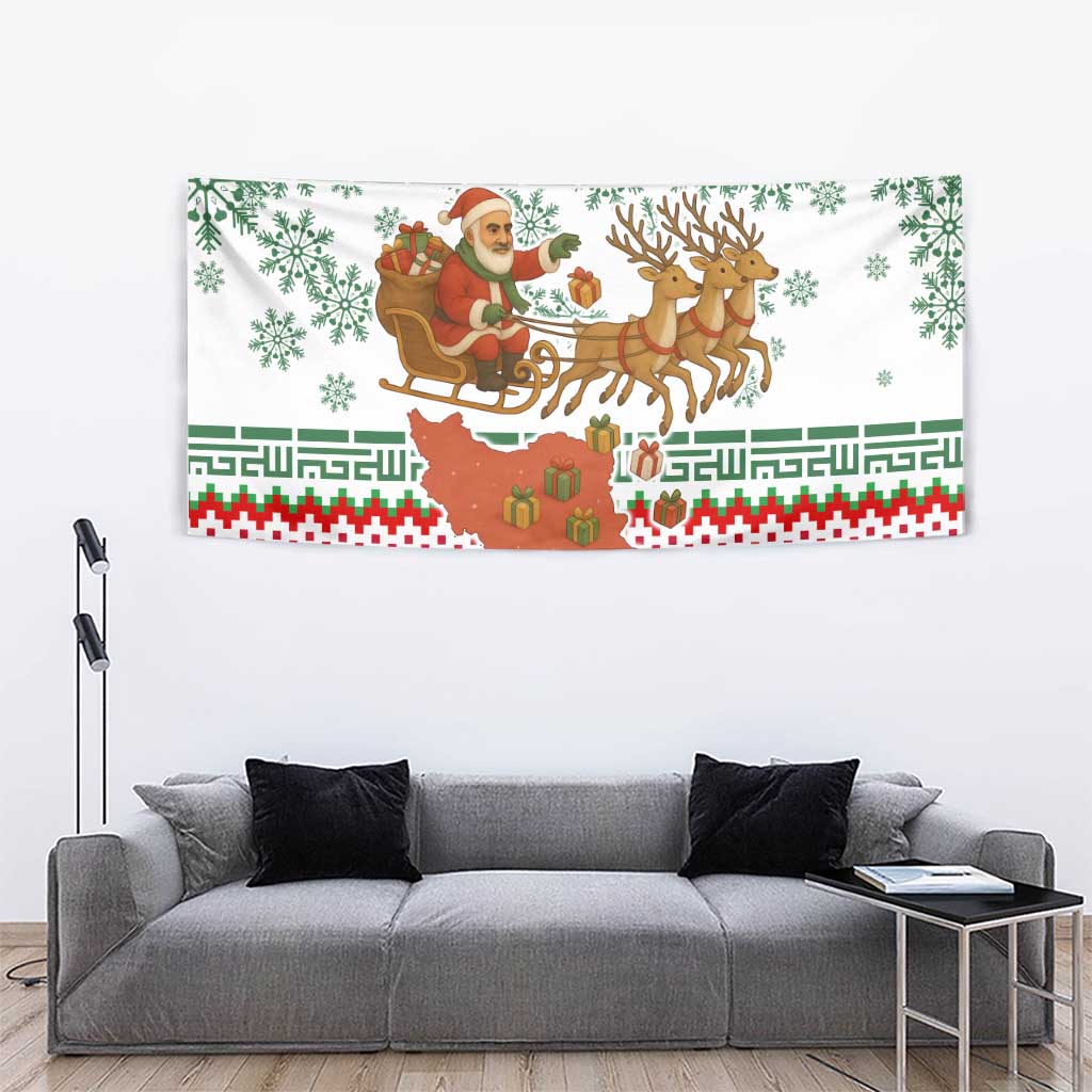 Iran Christmas Tapestry with Santa Sleigh Reindeer Map and Green Red Snowflake Pattern - Wonder Print Shop