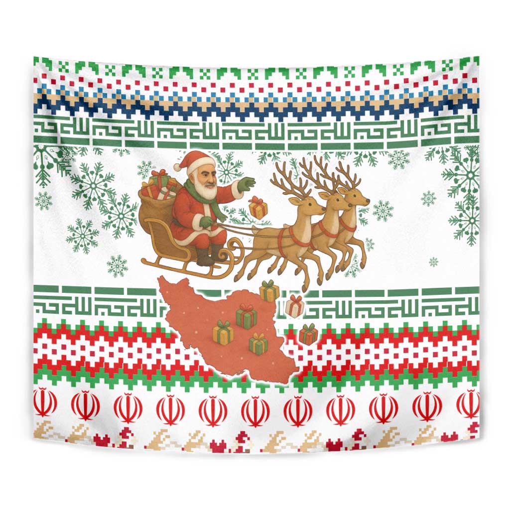 Iran Christmas Tapestry with Santa Sleigh Reindeer Map and Green Red Snowflake Pattern - Wonder Print Shop