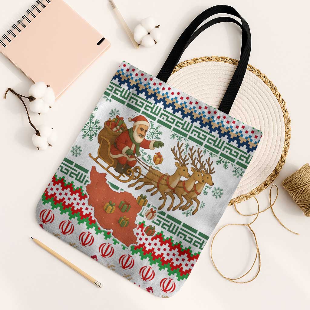 Iran Christmas Tote Bag with Santa Sleigh Reindeer Map and Green Red Snowflake Pattern - Wonder Print Shop