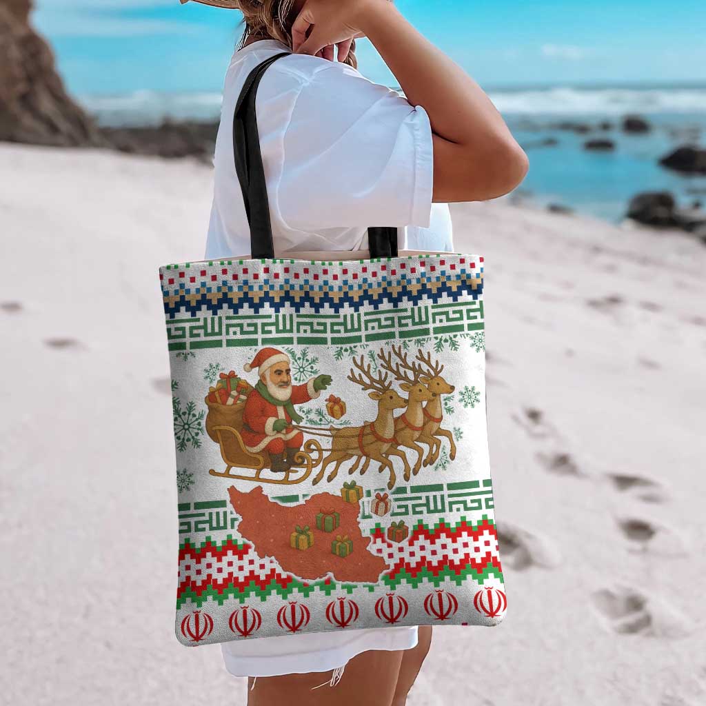 Iran Christmas Tote Bag with Santa Sleigh Reindeer Map and Green Red Snowflake Pattern - Wonder Print Shop