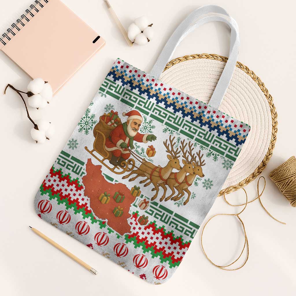 Iran Christmas Tote Bag with Santa Sleigh Reindeer Map and Green Red Snowflake Pattern - Wonder Print Shop