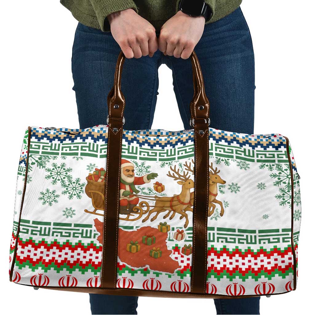 Iran Christmas Travel Bag with Santa Sleigh Reindeer Map and Green Red Snowflake Pattern - Wonder Print Shop