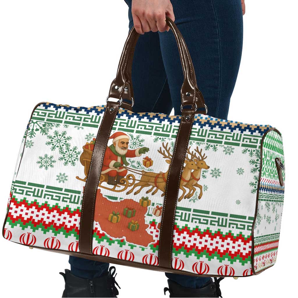 Iran Christmas Travel Bag with Santa Sleigh Reindeer Map and Green Red Snowflake Pattern - Wonder Print Shop