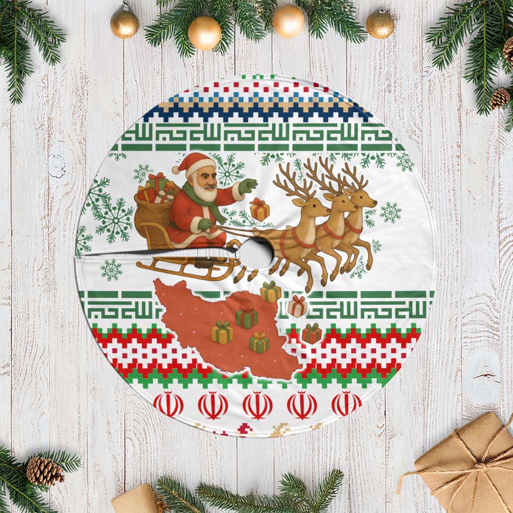 Iran Christmas Tree Skirt with Santa Sleigh Reindeer Map and Green Red Snowflake Pattern - Wonder Print Shop