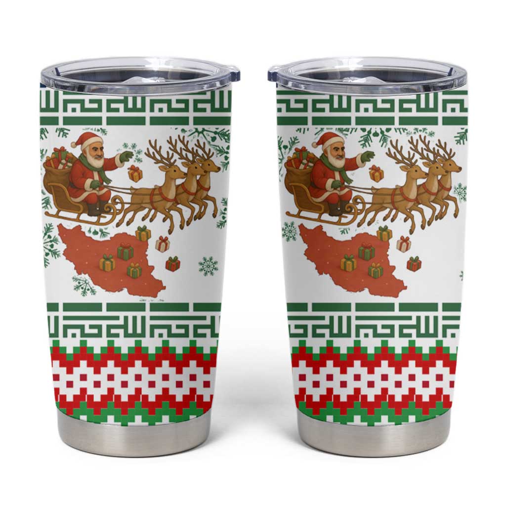 Iran Christmas Tumbler Cup with Santa Sleigh Reindeer Map and Green Red Snowflake Pattern - Wonder Print Shop