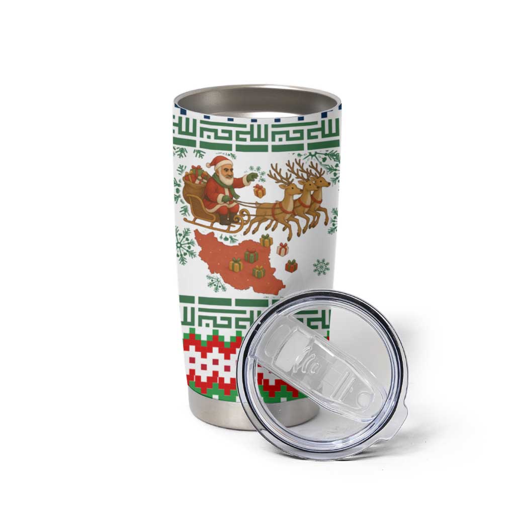 Iran Christmas Tumbler Cup with Santa Sleigh Reindeer Map and Green Red Snowflake Pattern - Wonder Print Shop