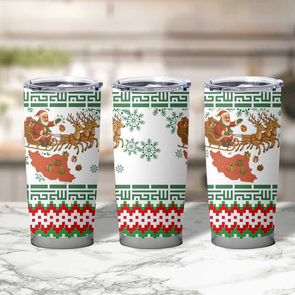 Iran Christmas Tumbler Cup with Santa Sleigh Reindeer Map and Green Red Snowflake Pattern - Wonder Print Shop