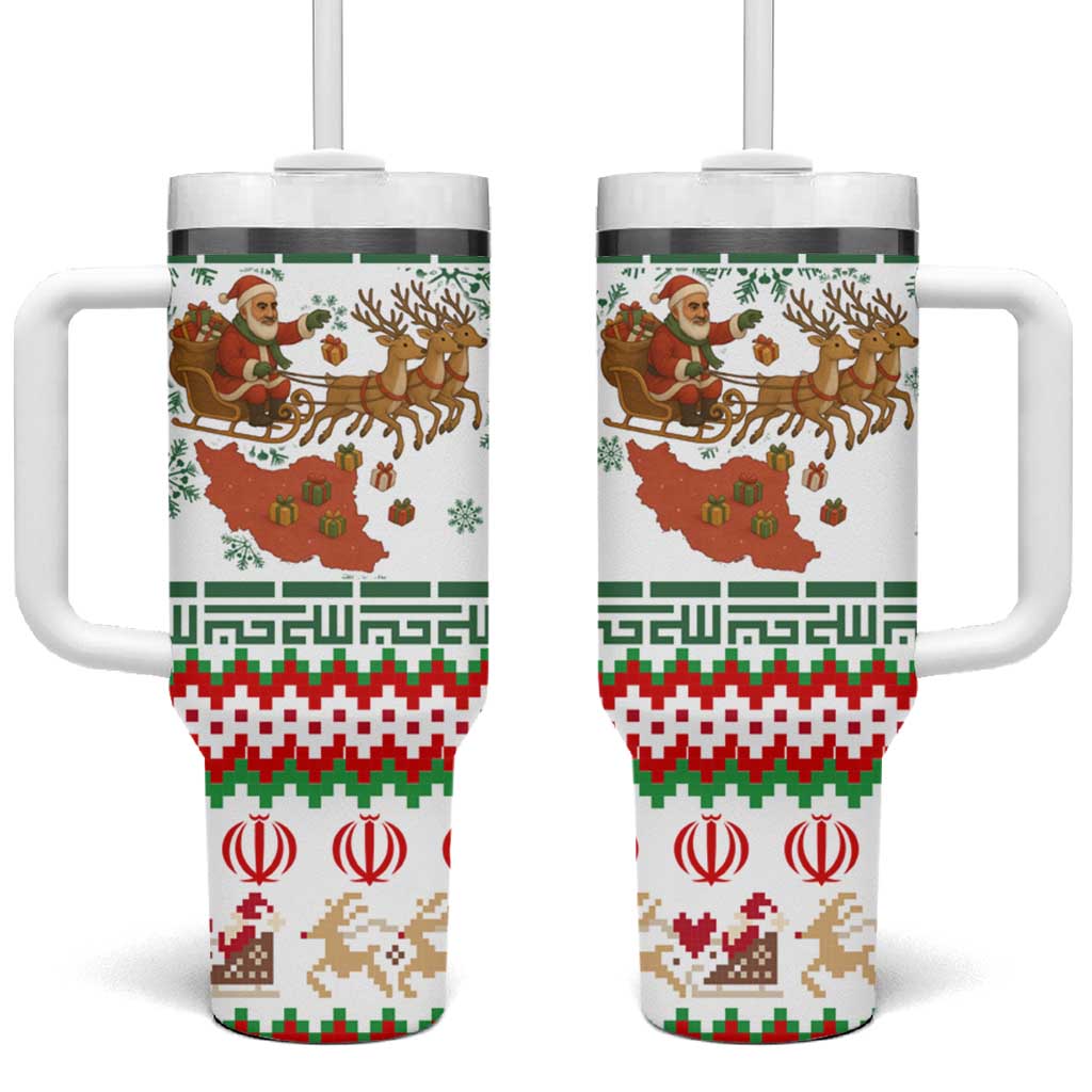 Iran Christmas Tumbler With Handle with Santa Sleigh Reindeer Map and Green Red Snowflake Pattern - Wonder Print Shop