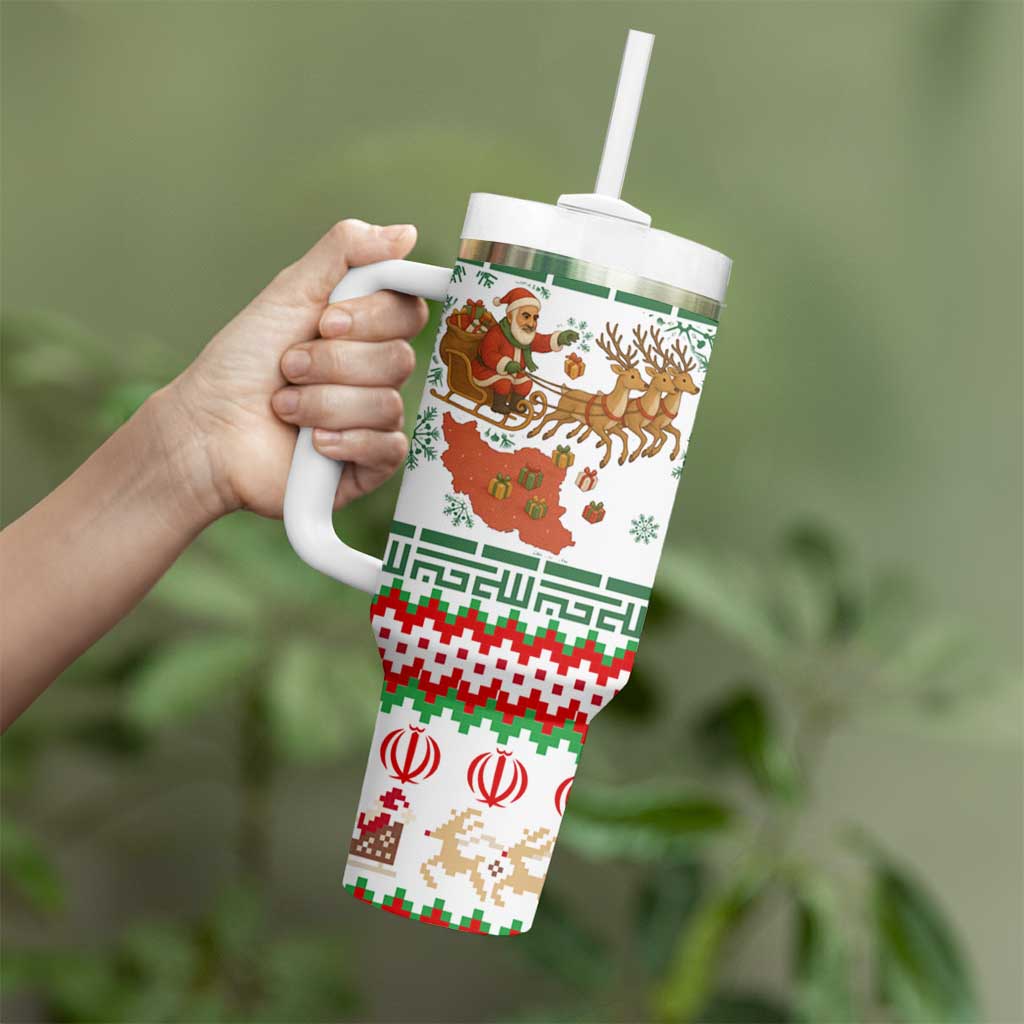 Iran Christmas Tumbler With Handle with Santa Sleigh Reindeer Map and Green Red Snowflake Pattern - Wonder Print Shop