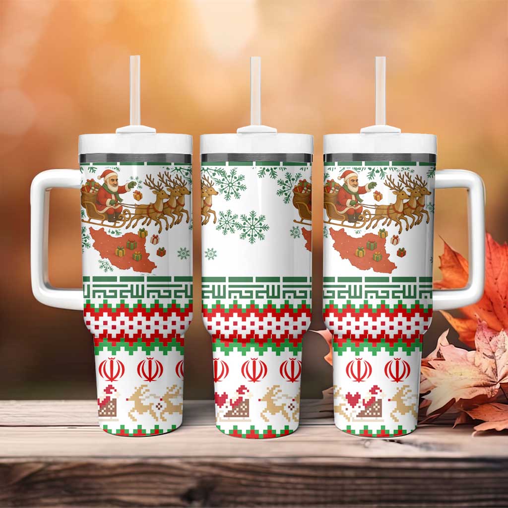 Iran Christmas Tumbler With Handle with Santa Sleigh Reindeer Map and Green Red Snowflake Pattern - Wonder Print Shop