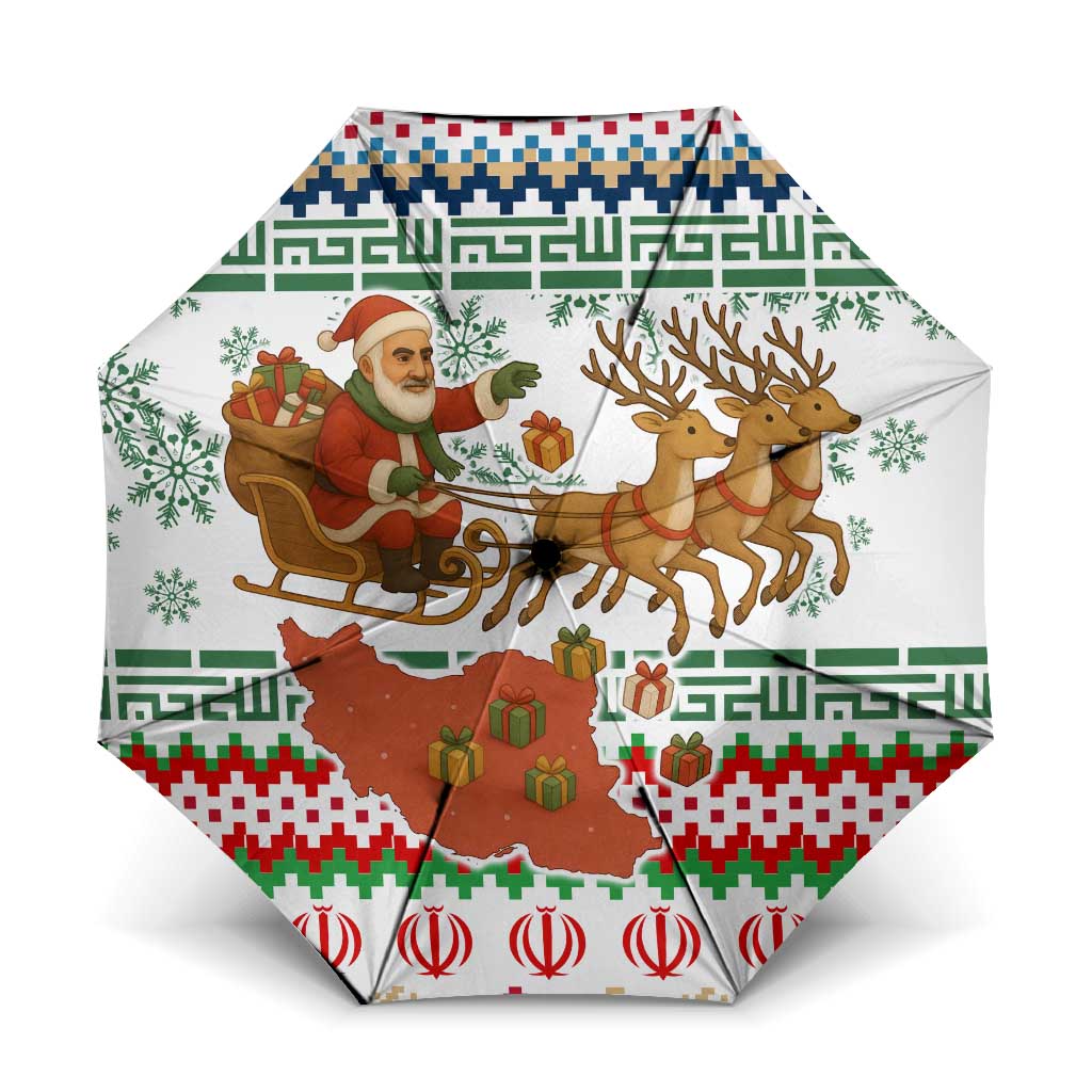 Iran Christmas Umbrella with Santa Sleigh Reindeer Map and Green Red Snowflake Pattern - Wonder Print Shop