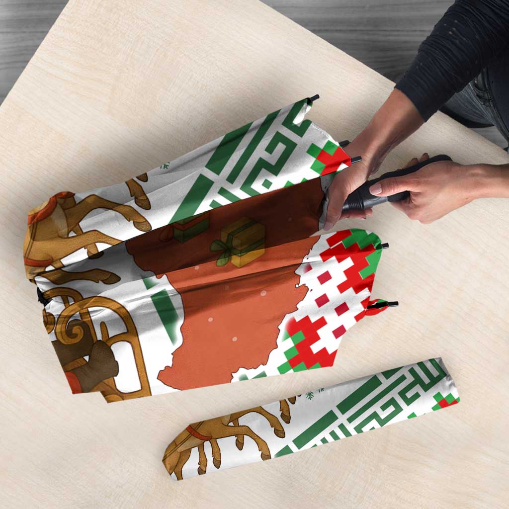 Iran Christmas Umbrella with Santa Sleigh Reindeer Map and Green Red Snowflake Pattern - Wonder Print Shop