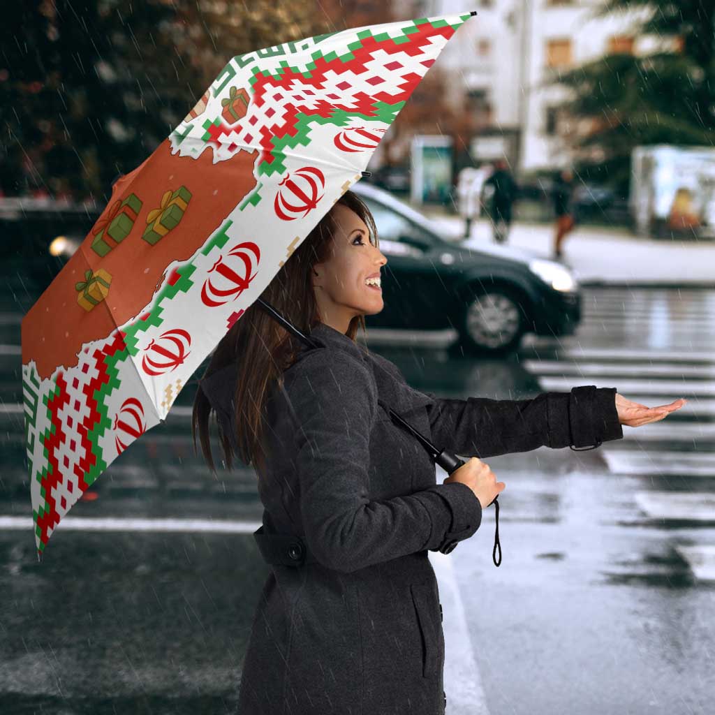Iran Christmas Umbrella with Santa Sleigh Reindeer Map and Green Red Snowflake Pattern - Wonder Print Shop