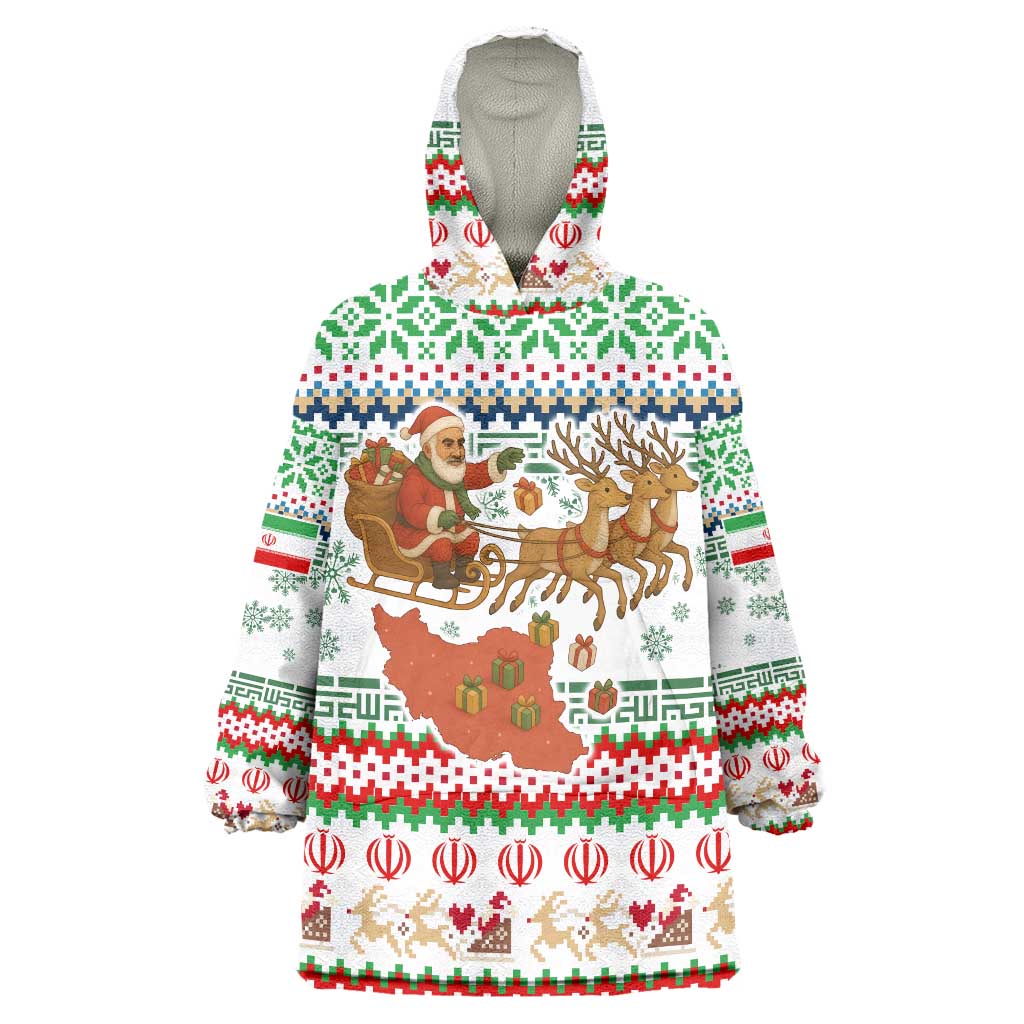 Iran Christmas Wearable Blanket Hoodie with Santa Sleigh Reindeer Map and Green Red Snowflake Pattern - Wonder Print Shop