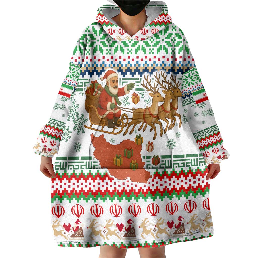 Iran Christmas Wearable Blanket Hoodie with Santa Sleigh Reindeer Map and Green Red Snowflake Pattern - Wonder Print Shop
