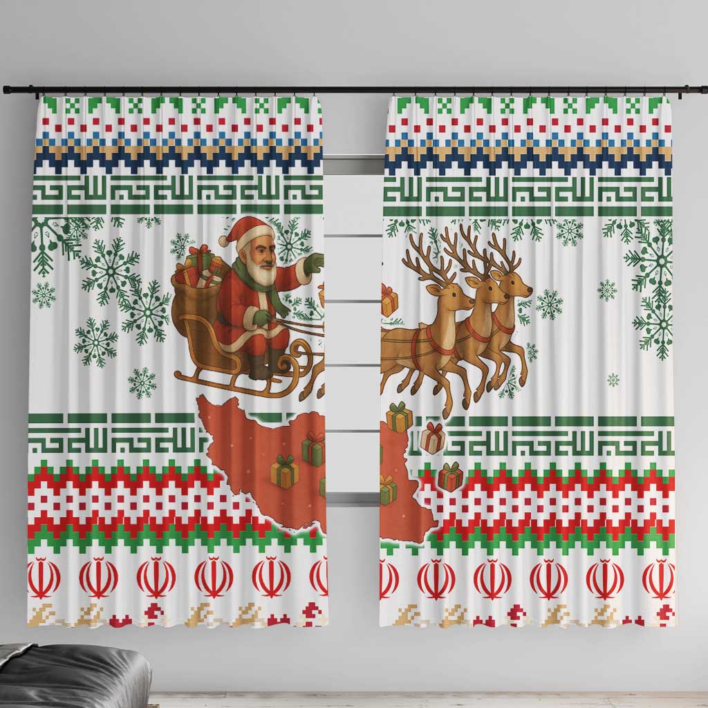 Iran Christmas Window Curtain with Santa Sleigh Reindeer Map and Green Red Snowflake Pattern - Wonder Print Shop