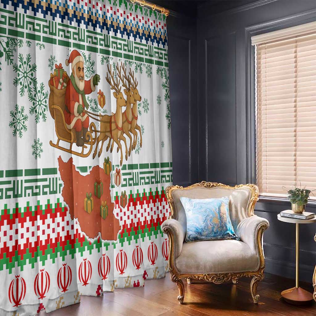 Iran Christmas Window Curtain with Santa Sleigh Reindeer Map and Green Red Snowflake Pattern - Wonder Print Shop