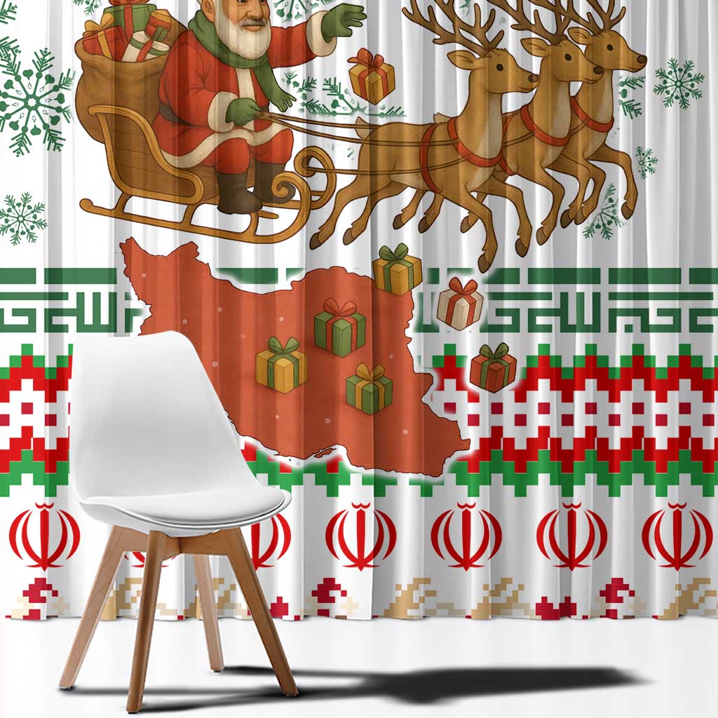 Iran Christmas Window Curtain with Santa Sleigh Reindeer Map and Green Red Snowflake Pattern - Wonder Print Shop