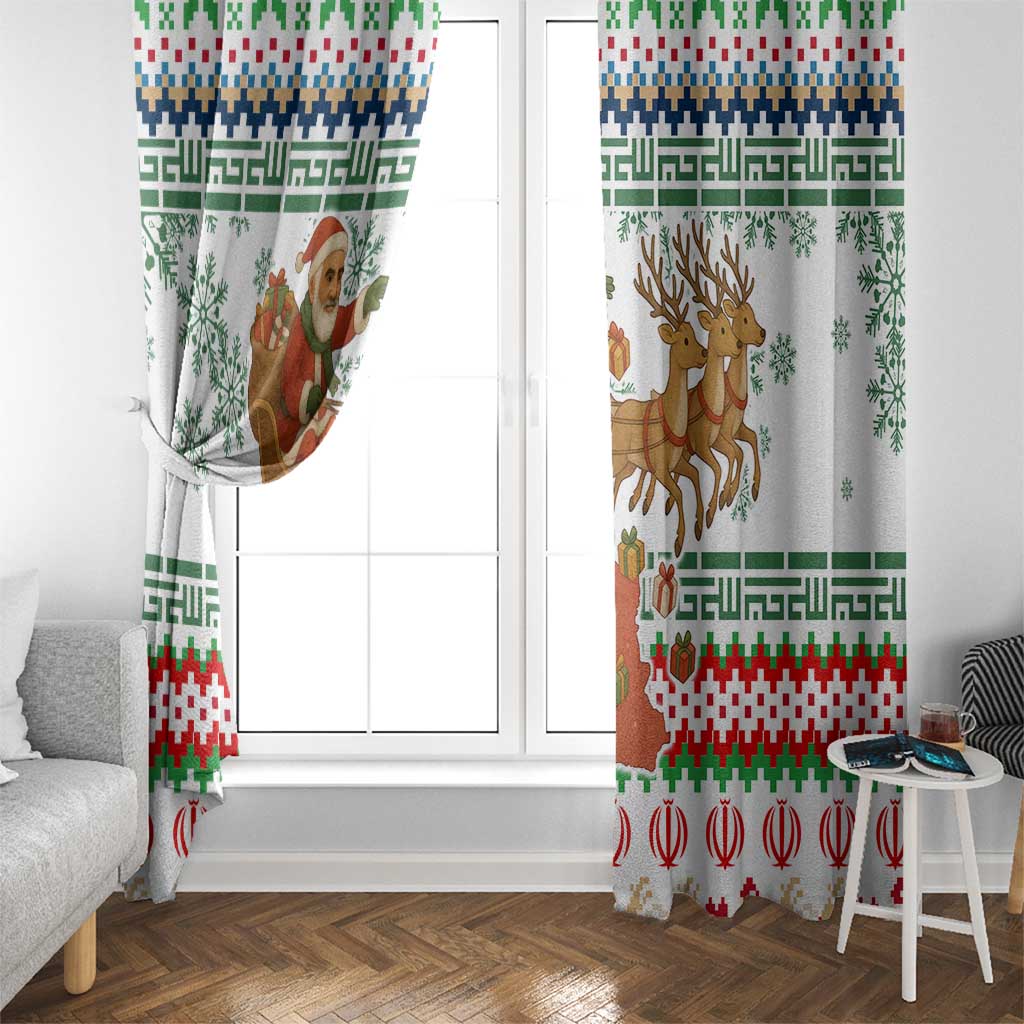 Iran Christmas Window Curtain with Santa Sleigh Reindeer Map and Green Red Snowflake Pattern - Wonder Print Shop