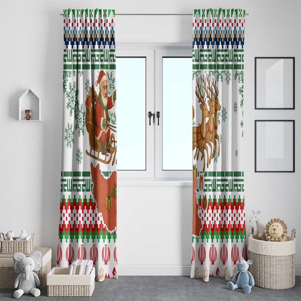 Iran Christmas Window Curtain with Santa Sleigh Reindeer Map and Green Red Snowflake Pattern - Wonder Print Shop