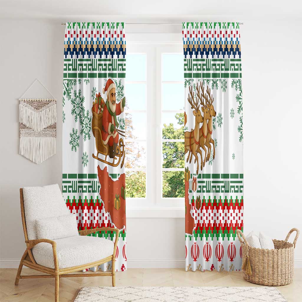 Iran Christmas Window Curtain with Santa Sleigh Reindeer Map and Green Red Snowflake Pattern - Wonder Print Shop