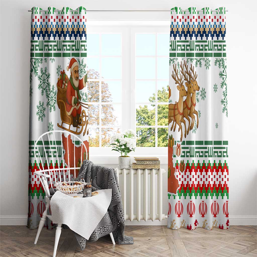 Iran Christmas Window Curtain with Santa Sleigh Reindeer Map and Green Red Snowflake Pattern - Wonder Print Shop