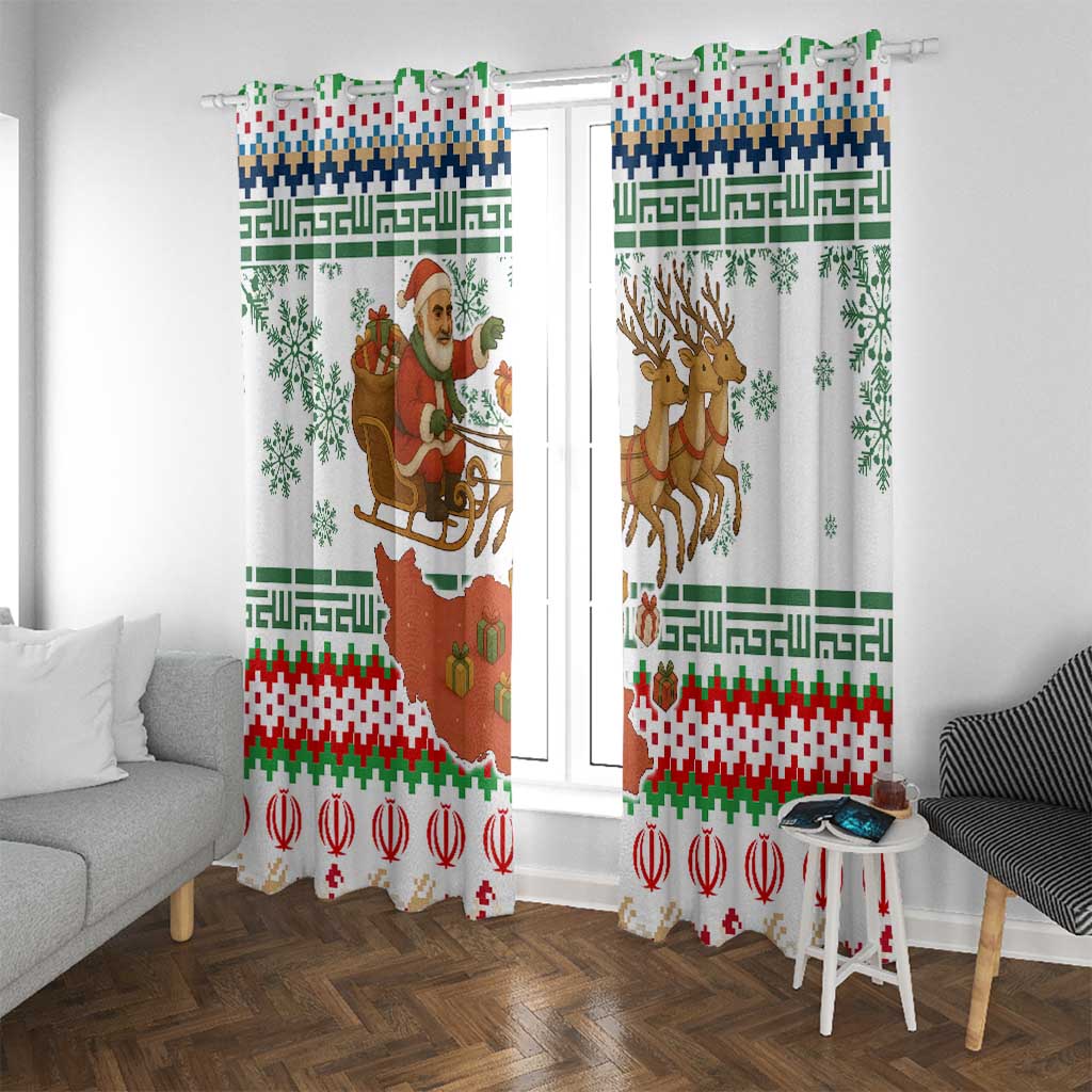 Iran Christmas Window Curtain with Santa Sleigh Reindeer Map and Green Red Snowflake Pattern - Wonder Print Shop