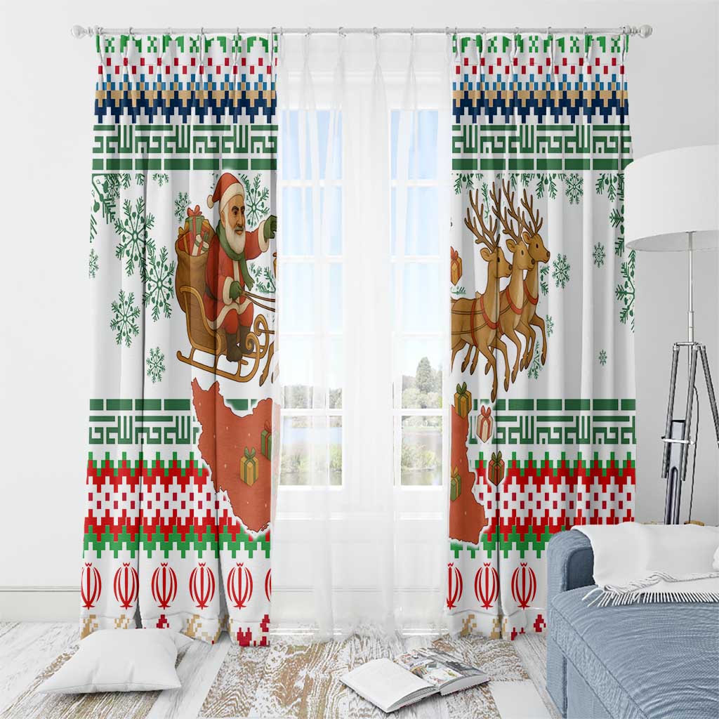 Iran Christmas Window Curtain with Santa Sleigh Reindeer Map and Green Red Snowflake Pattern - Wonder Print Shop