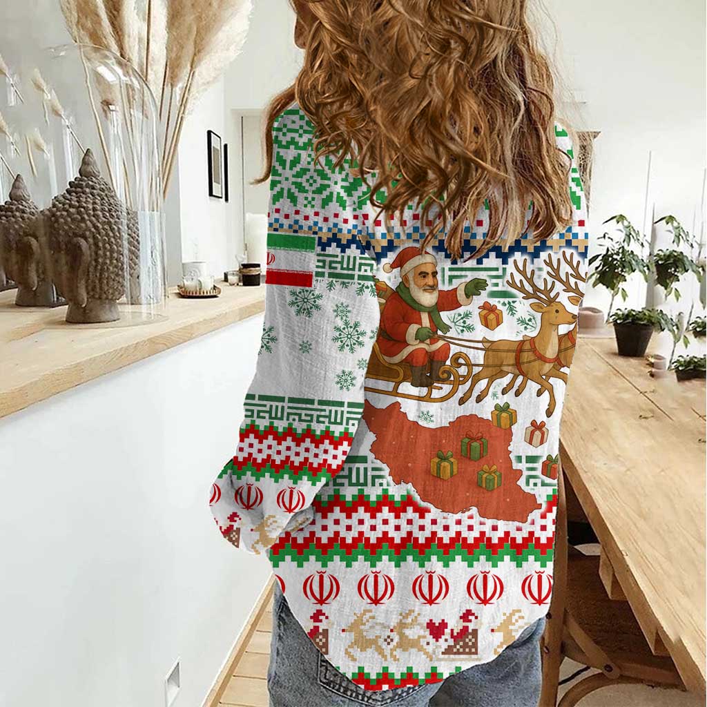 Iran Christmas Women Casual Shirt with Santa Sleigh Reindeer Map and Green Red Snowflake Pattern - Wonder Print Shop