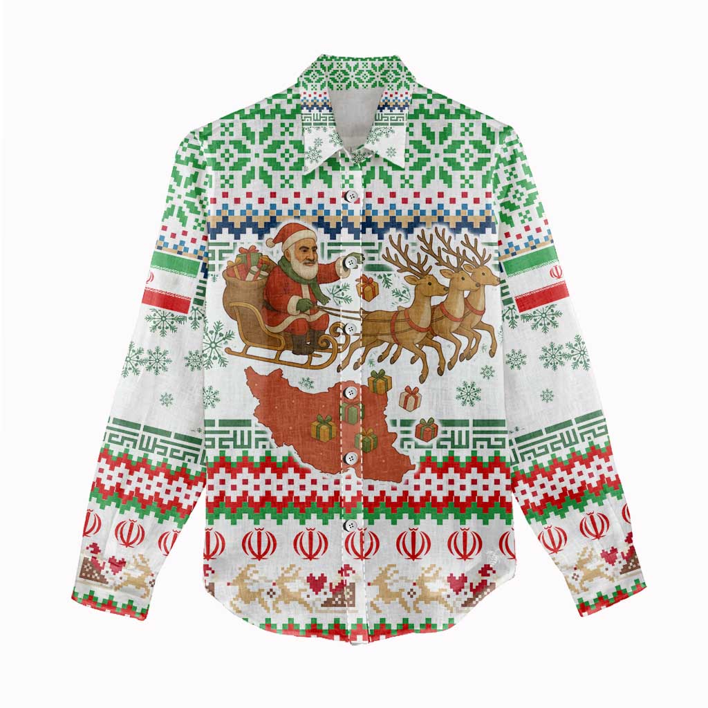 Iran Christmas Women Casual Shirt with Santa Sleigh Reindeer Map and Green Red Snowflake Pattern - Wonder Print Shop