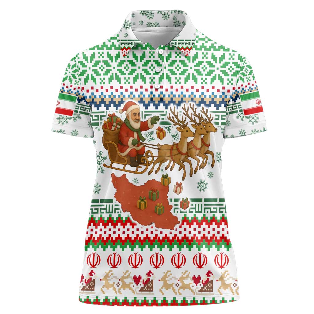 Iran Christmas Women Polo Shirt with Santa Sleigh Reindeer Map and Green Red Snowflake Pattern - Wonder Print Shop