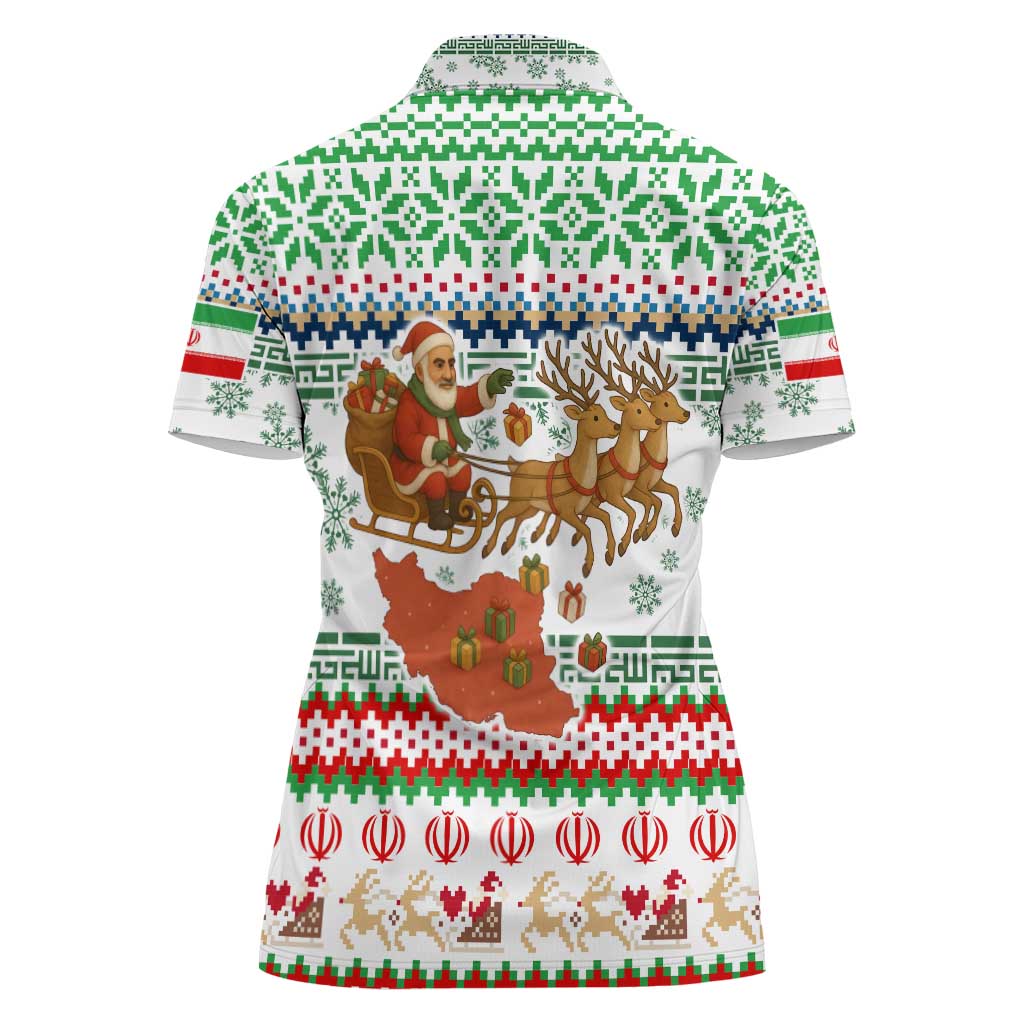 Iran Christmas Women Polo Shirt with Santa Sleigh Reindeer Map and Green Red Snowflake Pattern - Wonder Print Shop