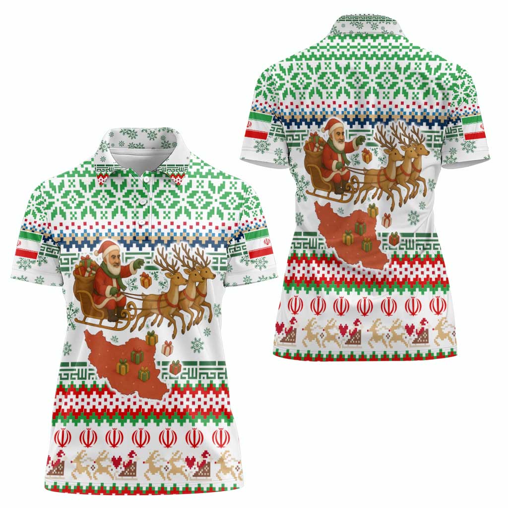 Iran Christmas Women Polo Shirt with Santa Sleigh Reindeer Map and Green Red Snowflake Pattern - Wonder Print Shop