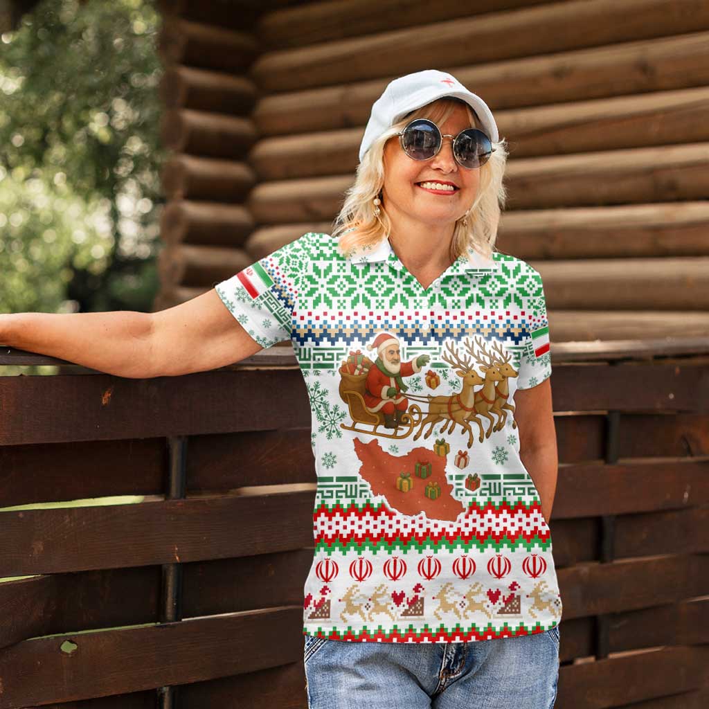 Iran Christmas Women Polo Shirt with Santa Sleigh Reindeer Map and Green Red Snowflake Pattern - Wonder Print Shop