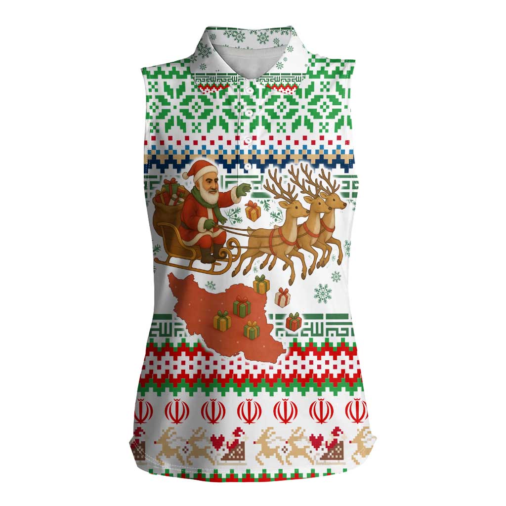 Iran Christmas Women Sleeveless Polo Shirt with Santa Sleigh Reindeer Map and Green Red Snowflake Pattern - Wonder Print Shop