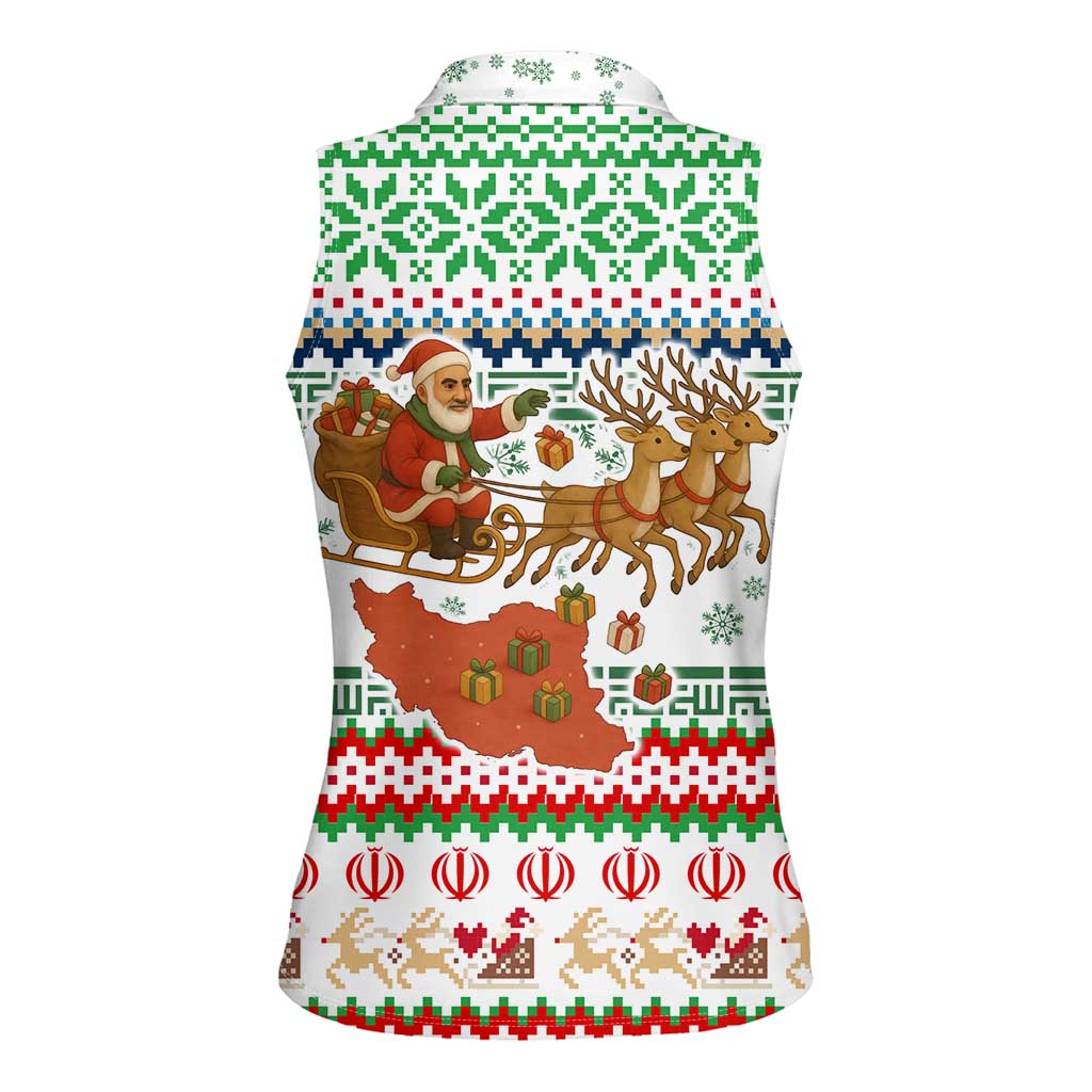 Iran Christmas Women Sleeveless Polo Shirt with Santa Sleigh Reindeer Map and Green Red Snowflake Pattern - Wonder Print Shop