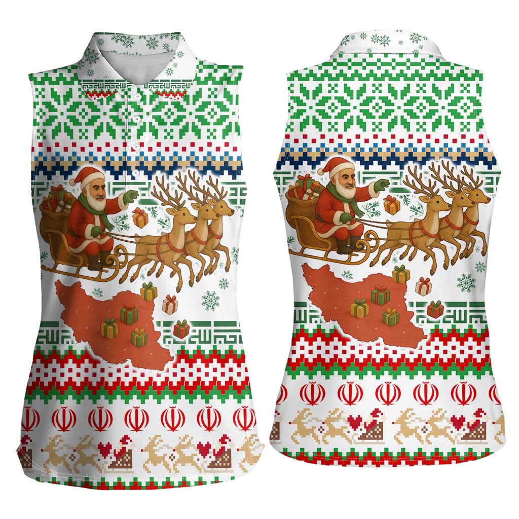 Iran Christmas Women Sleeveless Polo Shirt with Santa Sleigh Reindeer Map and Green Red Snowflake Pattern - Wonder Print Shop