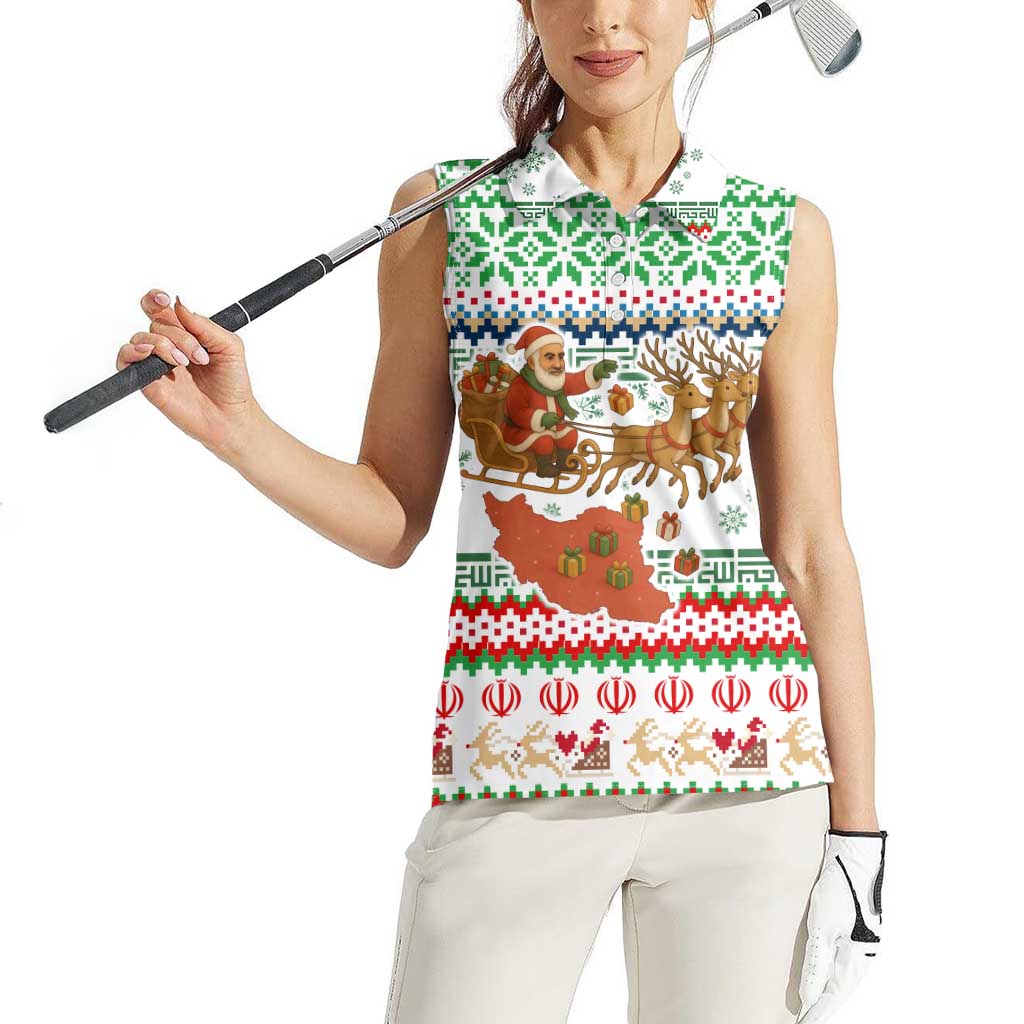 Iran Christmas Women Sleeveless Polo Shirt with Santa Sleigh Reindeer Map and Green Red Snowflake Pattern - Wonder Print Shop